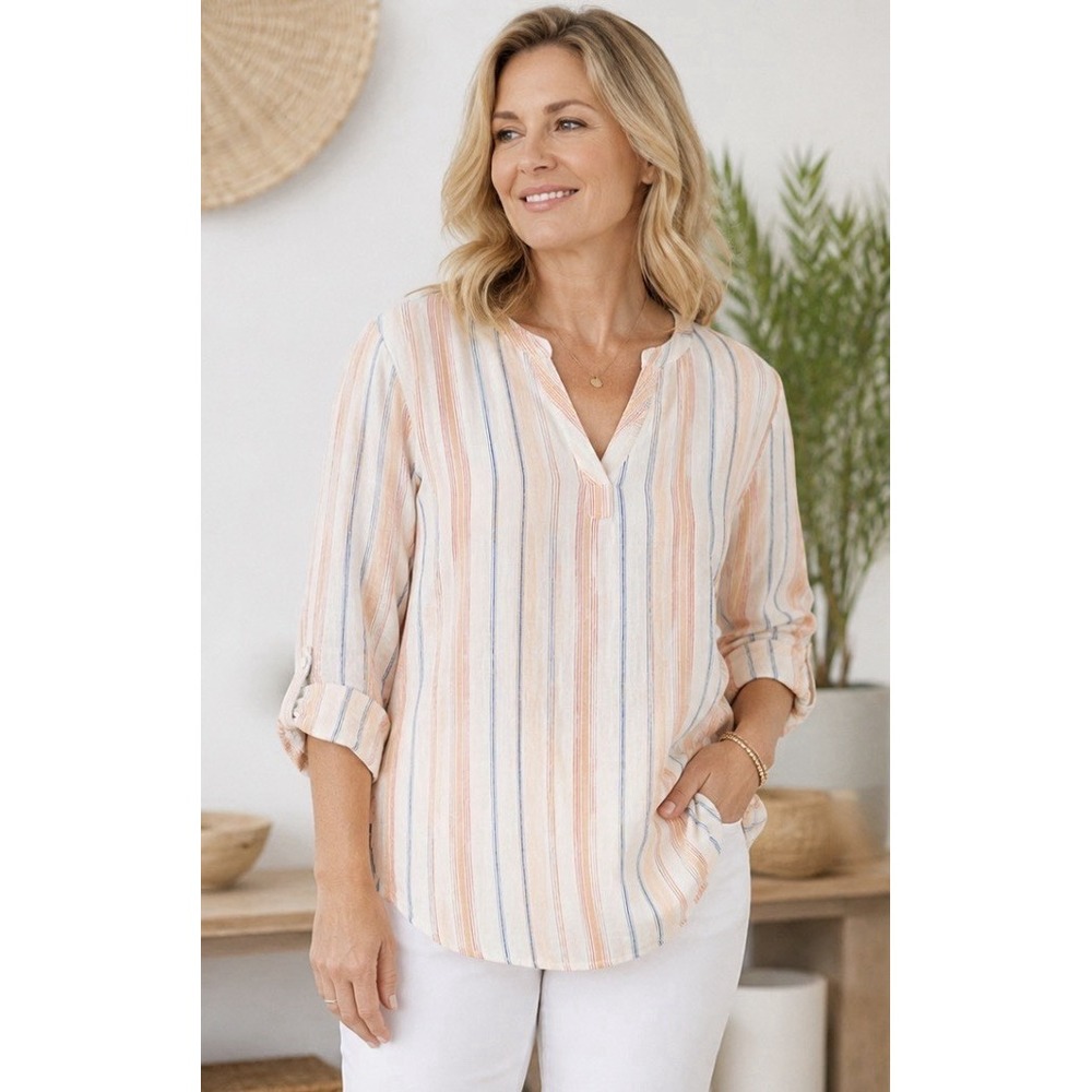 L.L.Bean 100% Linen Striped Popover Tunic Top XL Coastal Cottagecore